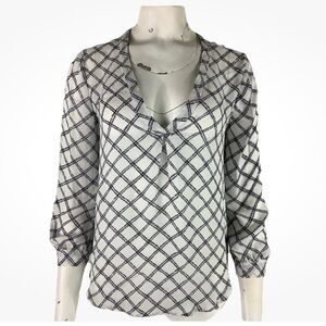 Joie Sz M 100% Silk Windowpane Print Popover Business Casual V Neck Blouse